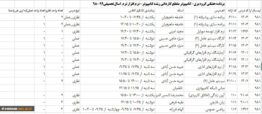 برنامه هفتگی نرم افزار مقطع کاردانی ترم 1