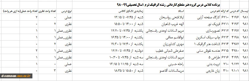 برنامه هفتگی گرافیک مقطع کاردانی ترم 1