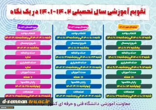 تقویم آموزشی سال تحصیلی ١۴٠٢-١۴٠١ دانشگاه فنی و حرفه ای در یک نگاه